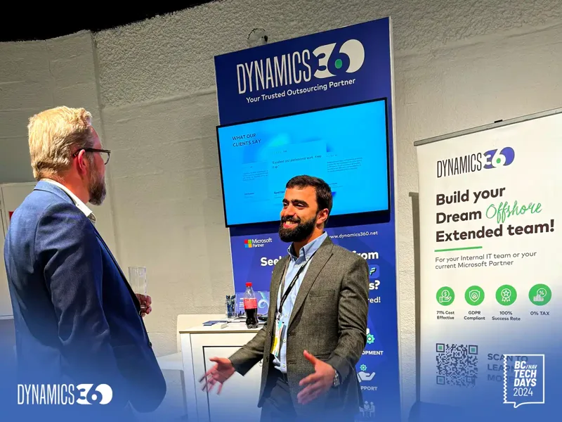 Dynamics 360 CEO Zaid Tariq meeting a visitor at the Dynamics 360 booth, BC TechDays 2024, Antwerp